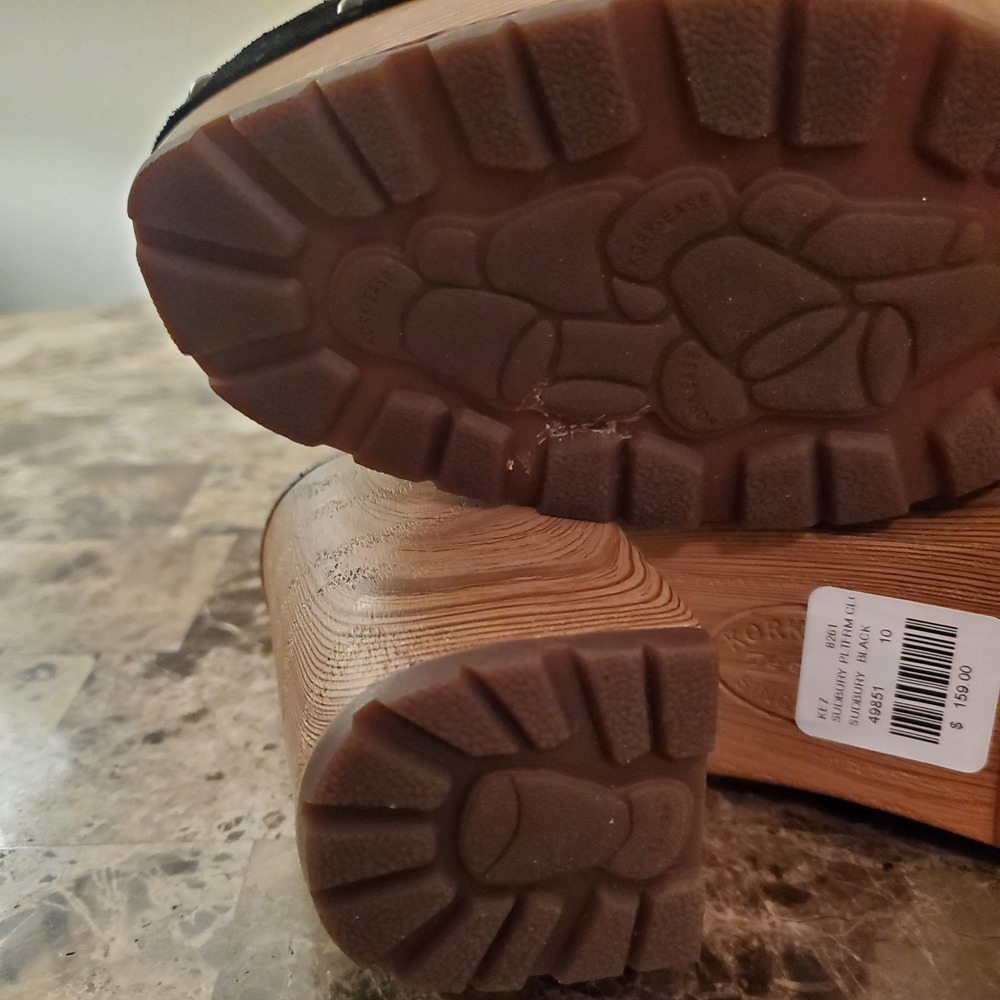 Kork Ease sz 10M black Suede Leather Clogs Studded faux Wood chunky heels retro - Picture 12 of 14